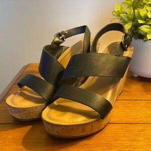 Women’s Franco Sarto black leather upper cork wedges size 10